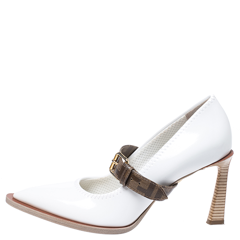 

Fendi White/Brown Patent Leather Mary Jane Oversized Sole Pumps Size