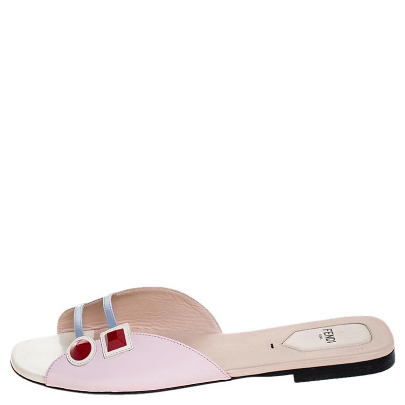 

Fendi Pink/Blue Leather Geometric Studded Flat Sandals Size