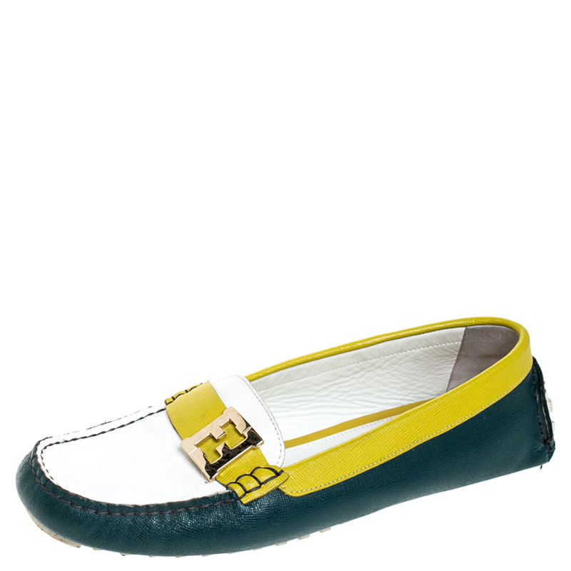 Pre Owned  Fendi Tri Color Saffiano Leather Logo Slip On Loafers Size 39.5