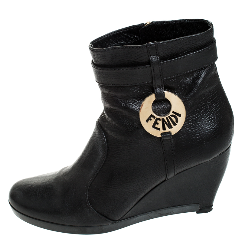 

Fendi Black Leather Logo Wedge Heel Ankle Boots Size