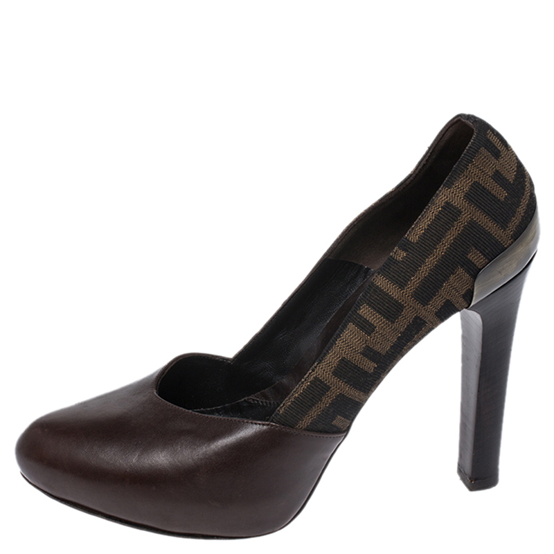 

Fendi Brown/Tobacco Zucca Canvas and Leather Platform Pumps Size