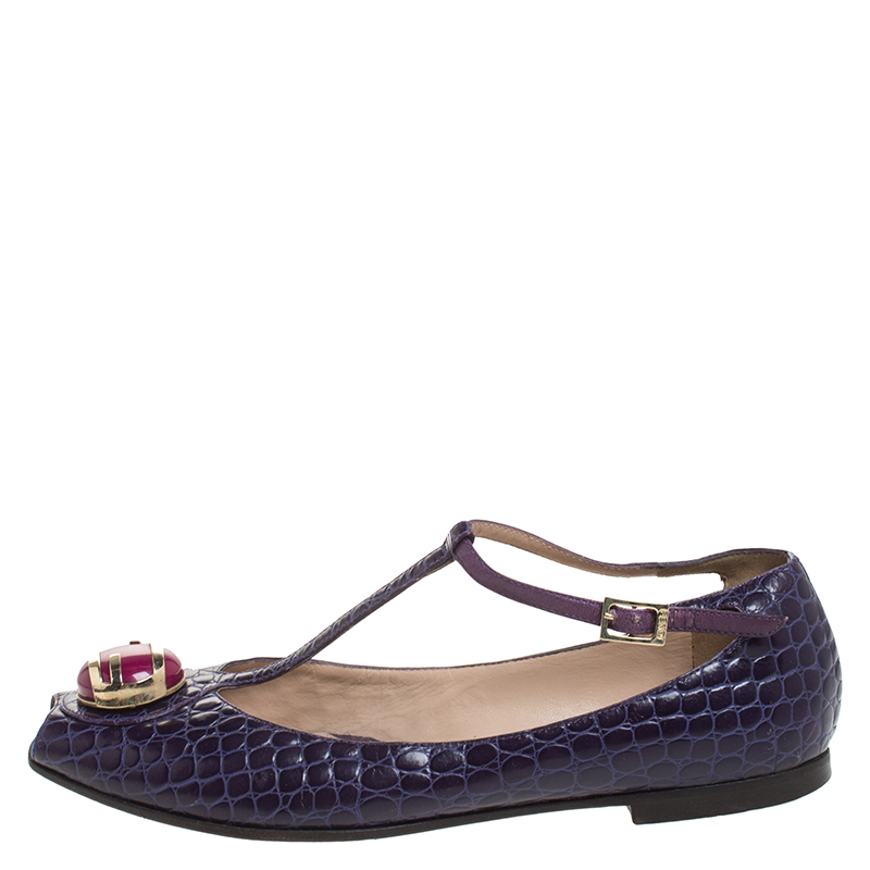

Fendi Purple Croc Embossed Leather Embellished T-Strap Flats Size