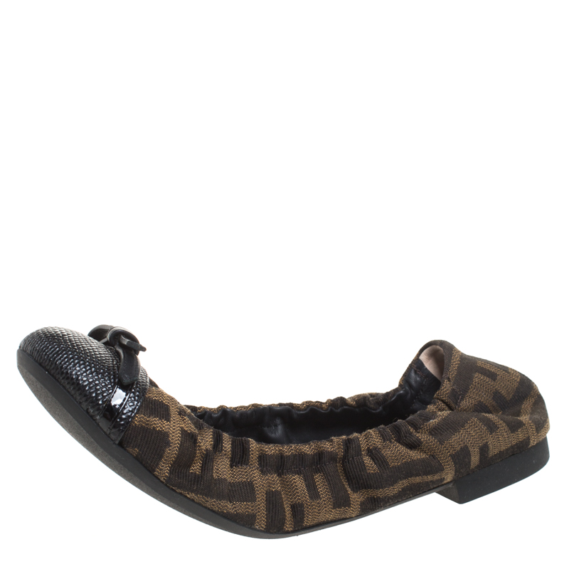 Pre Owned Fendi Tobacco Zucca Canvas And Embossed Leather Cap Toe Scrunch Ballet Flats Size 37.5
