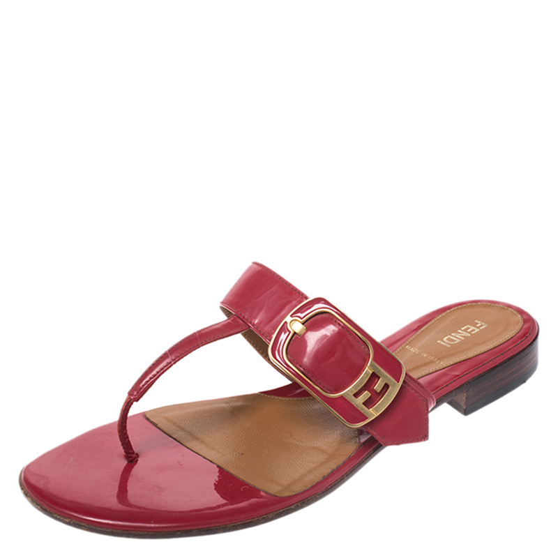 Pre Owned Fendi Red Patent Leather Buckle Thong Slide Flats Size 37.5