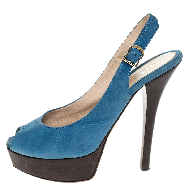 

Fendi Blue Leather Fendista Slingback Platform Sandals Size