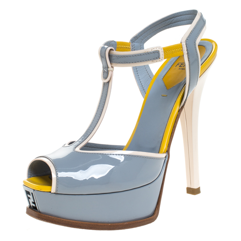 Pre Owned Fendi Grey/Beige Patent Leather T Strap Platform Sandals Size 38