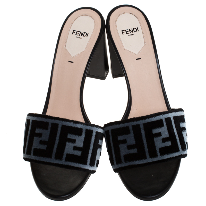 Fendi Grey/Black Zucca Velvet Slip On Slides Size 40 Fendi | TLC