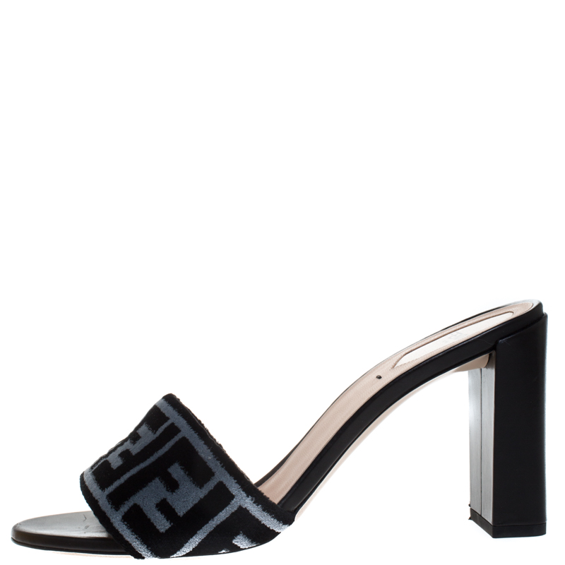 

Fendi Grey/Black Zucca Velvet Slip On Slides Size