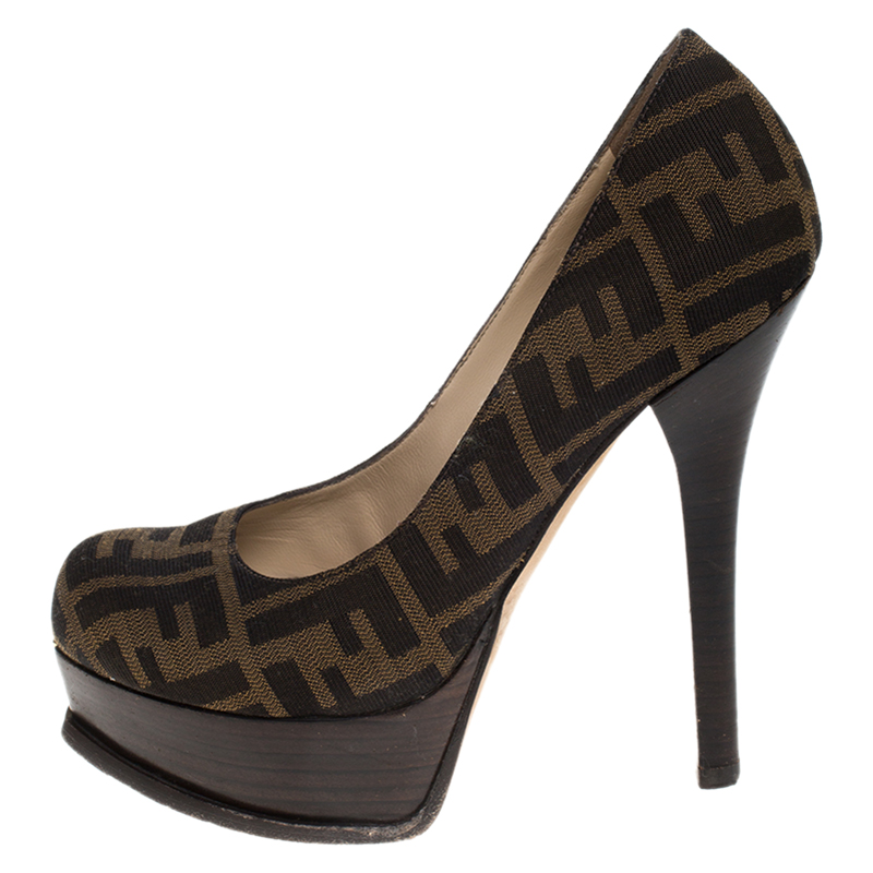 

Fendi Tobacco Zucca Canvas Fendista Platform Pumps Size, Brown