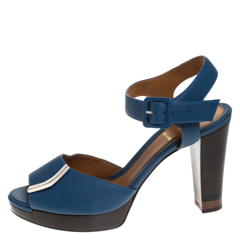 

Fendi Blue Leather Metal Logo Embellished Open Toe Platform Block Heel Ankle Strap Sandals Size