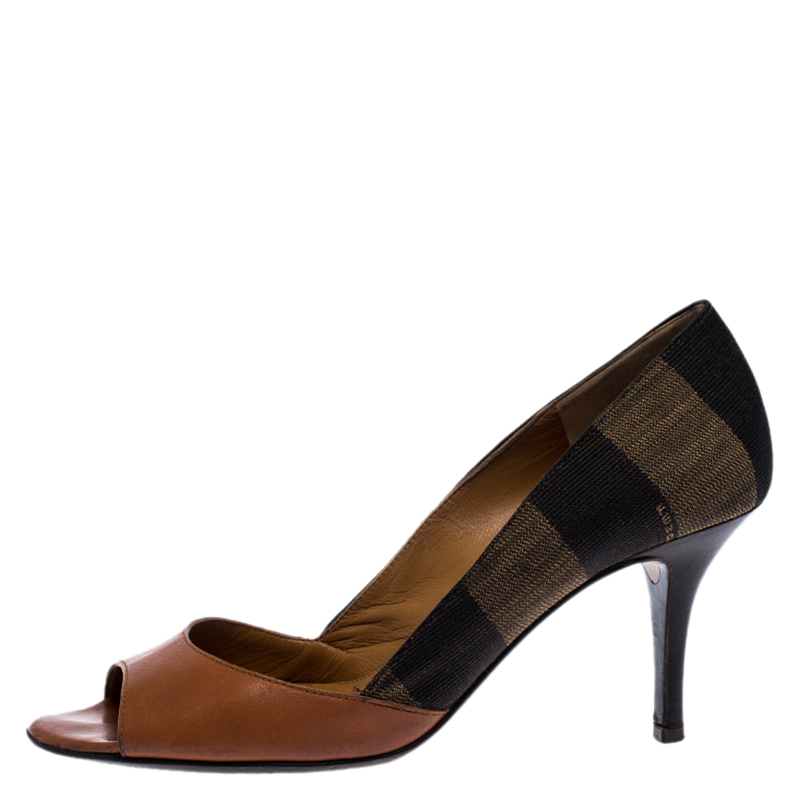 

Fendi Brown Leather And Canvas Pequin Open Toe Pumps Size