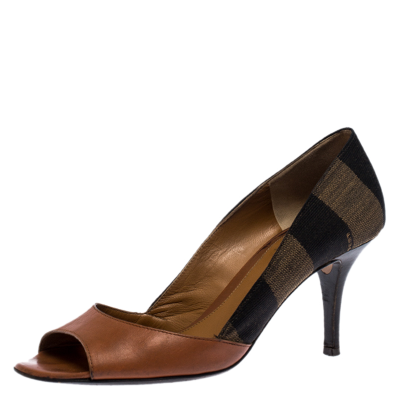 Pre Owned Fendi Brown Leather And Canvas Pequin Open Toe Pumps Size 36