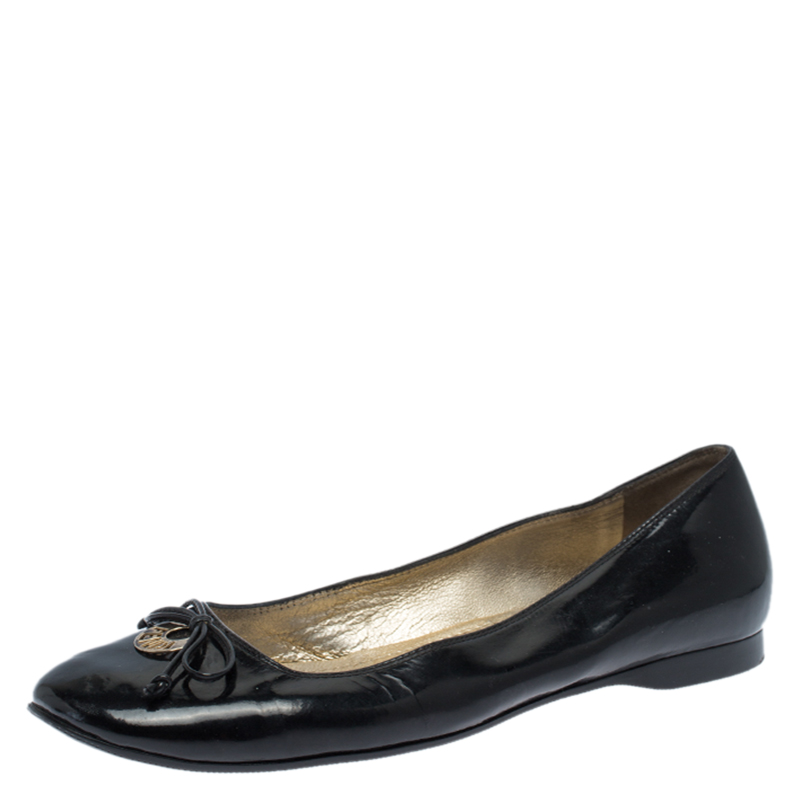 Pre Owned Fendi Black Patent Leather Bow Ballet Flats Size 38
