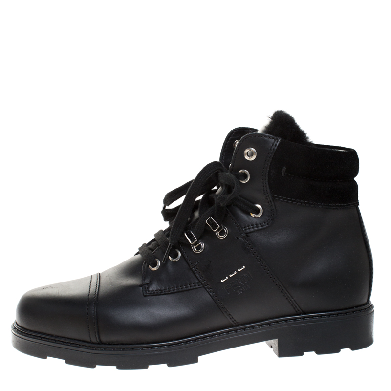 

Fendi Black Leather And Fur Trim Lace Up Ankle Boots Size