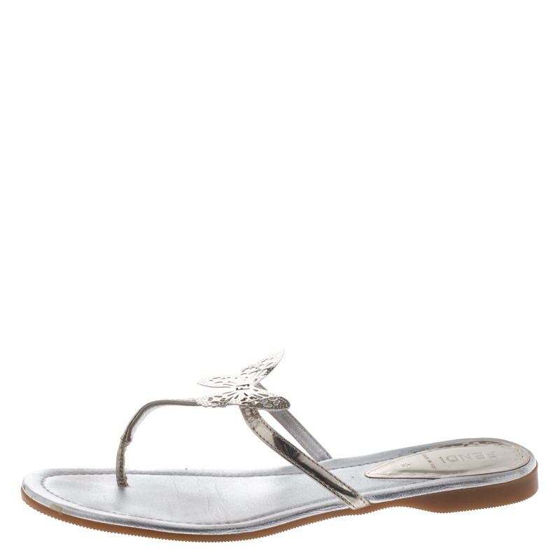 

Fendi Metallic Silver Leather Butterfly Embellished Thong Sandals Size