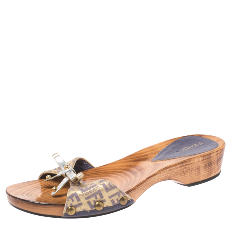 Pre Owned Fendi Multicolor Zucchino Canvas Bow Wooden Slides Size 38