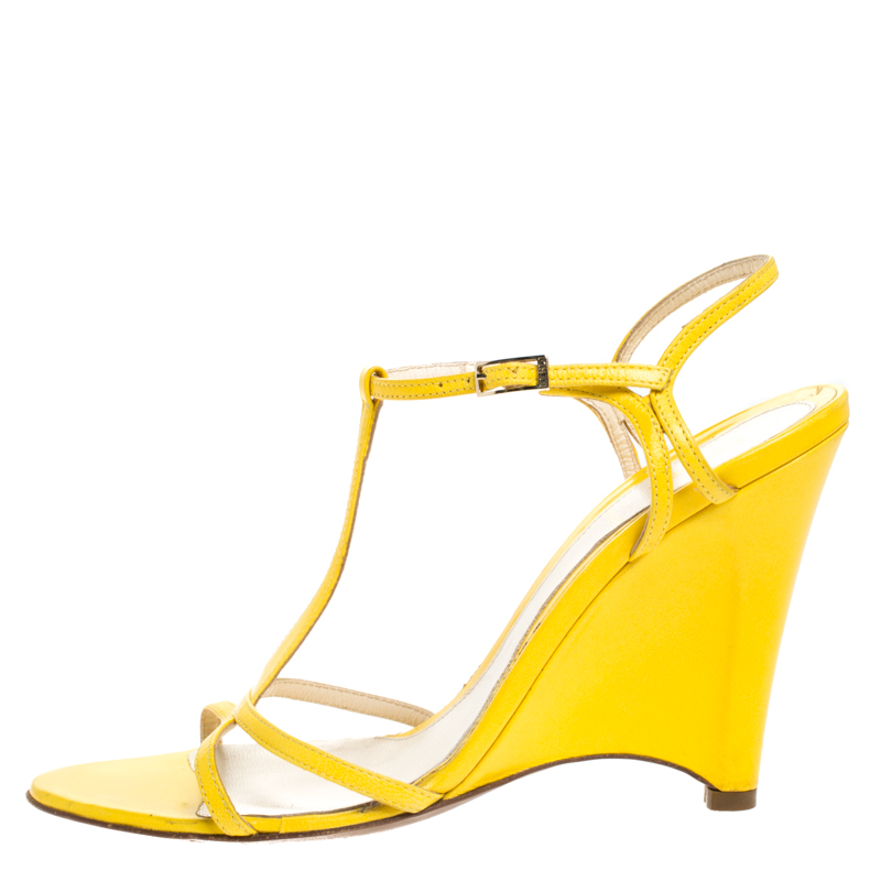 

Fendi Yellow Leather Wedge Ankle Strap Sandals Size