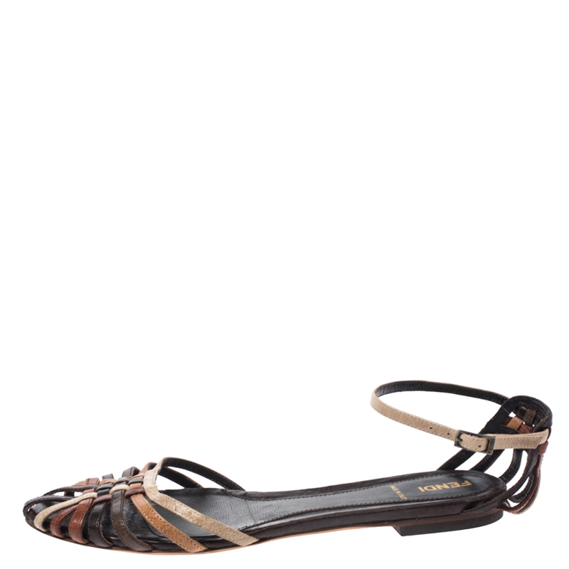 

Fendi Multicolor Leather Caged Ankle Strap Flats Size