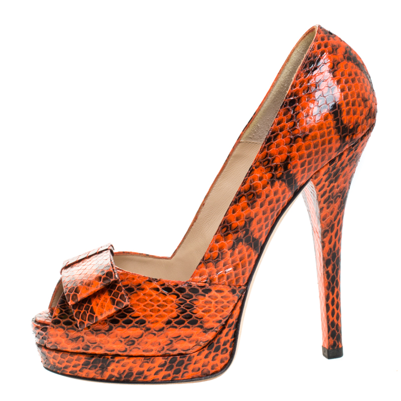 

Fendi Orange Python Leather Bow Platform Pumps Size