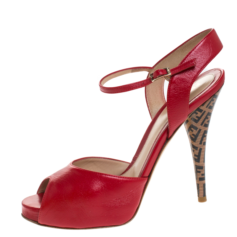 

Fendi Red Leather Zucca Print Heel Peep Toe Ankle Strap Sandals Size