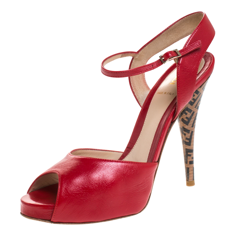 Pre Owned Fendi Red Leather Zucca Print Heel Peep Toe Ankle Strap Sandals Size 39
