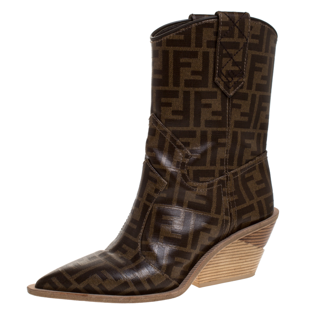 Pre-owned Fendi Brown Ff Logo Coated Canvas Wooden Heel Ankle Boots Size 38