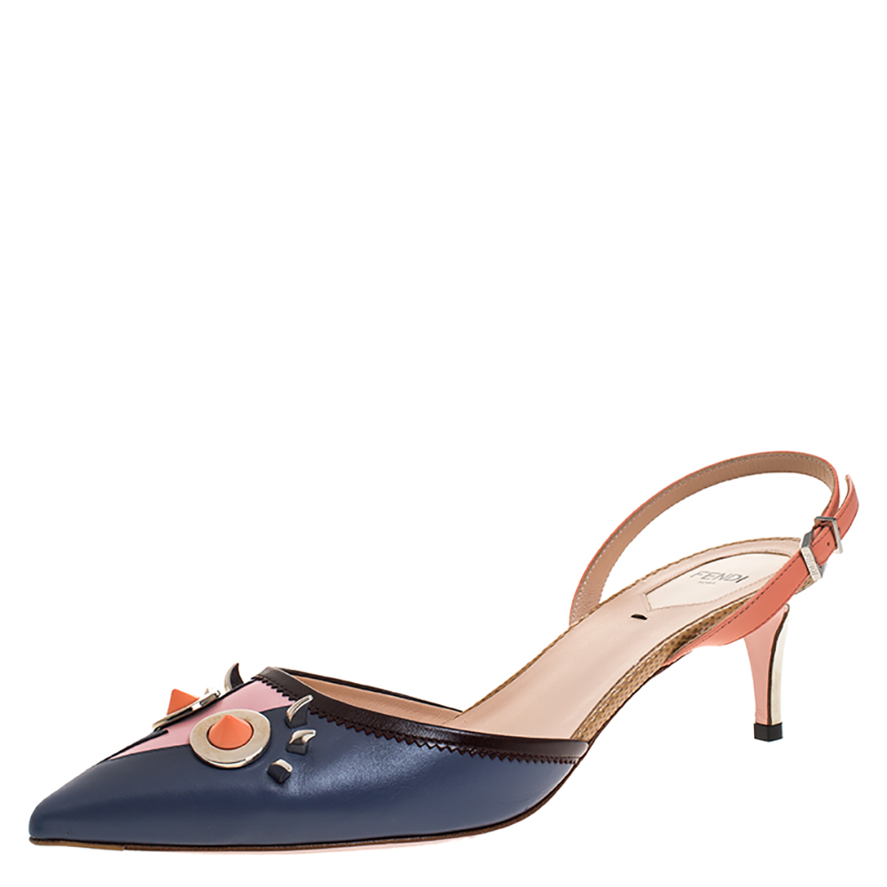 Pre Owned Fendi Multicolor Leather Studded Monster Slingback Sandals Size 40