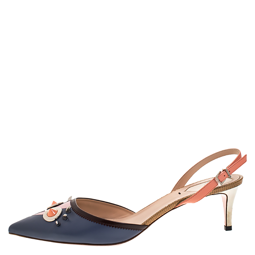

Fendi Multicolor Leather Studded Monster Slingback Sandals Size