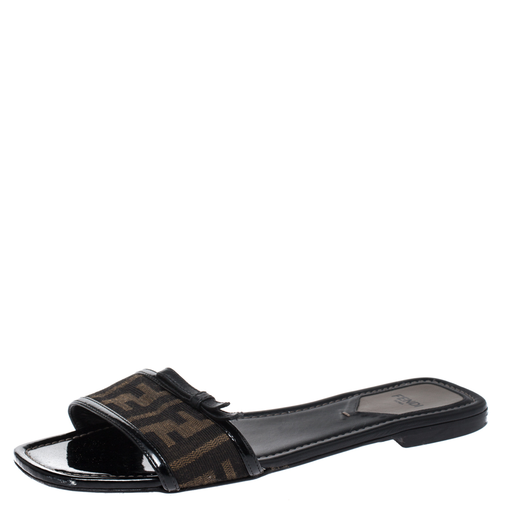 Pre Owned Fendi Tobacco Zucca Canvas Bow Flat Slides Size 38.5