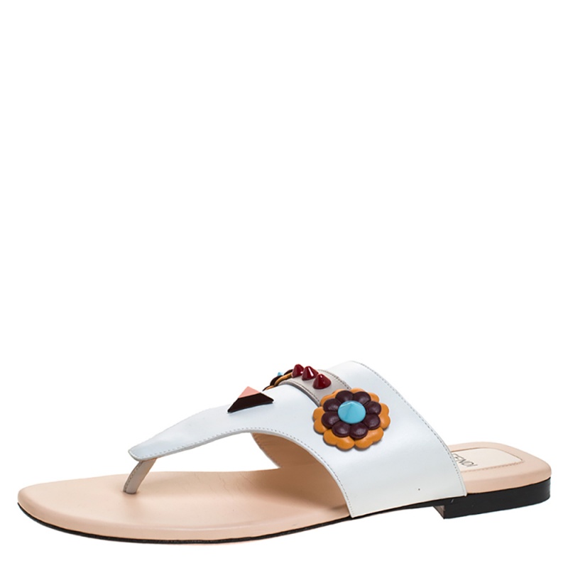 Pre Owned Fendi White Leather Flowerland Thong Flats Size 37