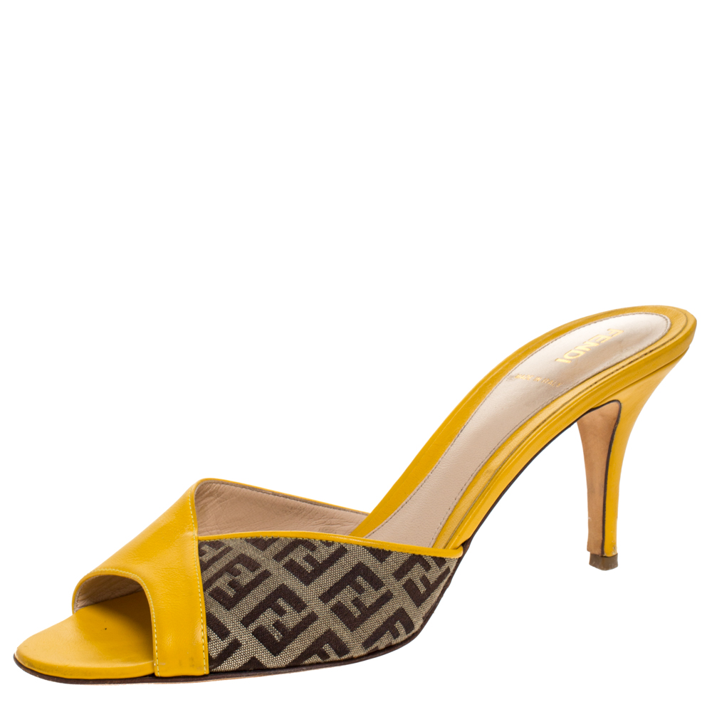 Fendi Mustard Zucca Canvas and Leather Slide Sandals Size 40