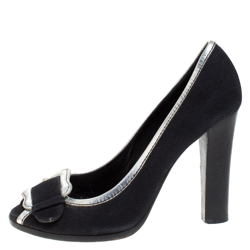 

Fendi Black/Silver Canvas And Leather Trim B Buckle Peep Toe Pumps Size