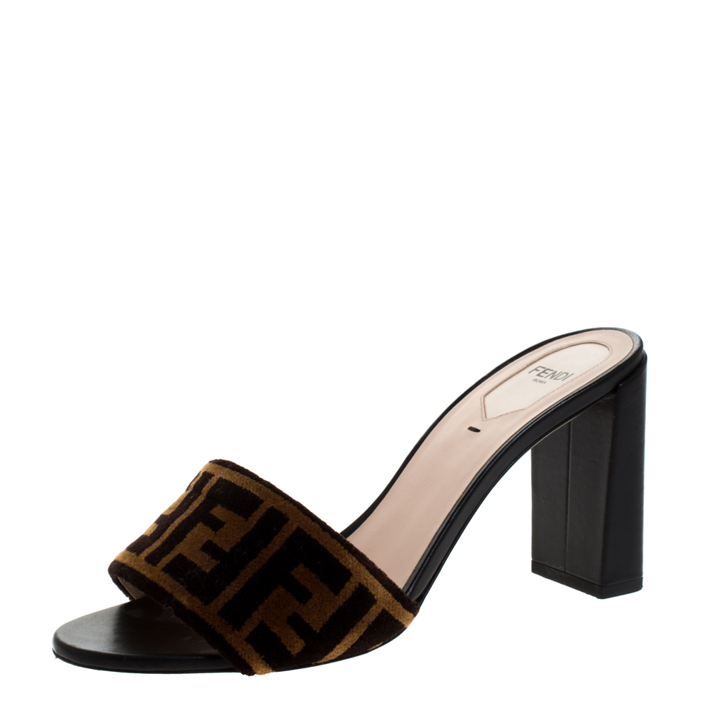 Fendi Brown/Black Zucca Velvet And Leather Slip On Slides Size 39