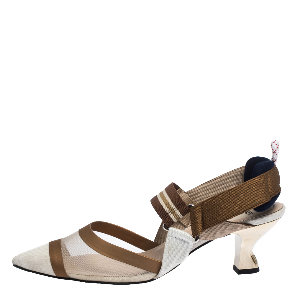 

Fendi Multicolor Mesh, Canvas And Leather Colibri Slingback Sandals Size