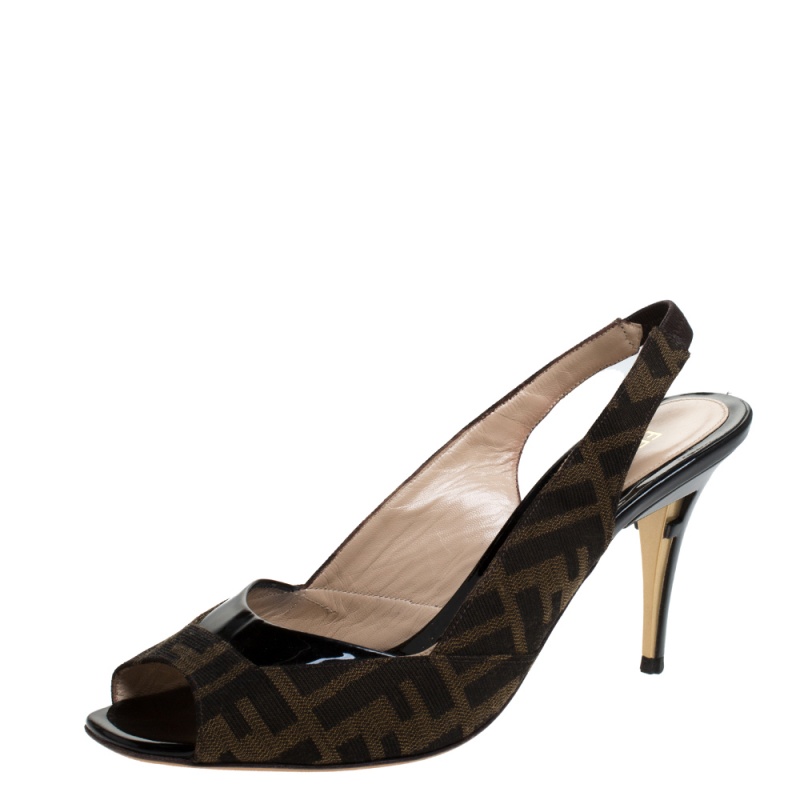 Fendi Tobacco Zucca Canvas and Patent Leather Peep Toe Slingback Sandals Size 39