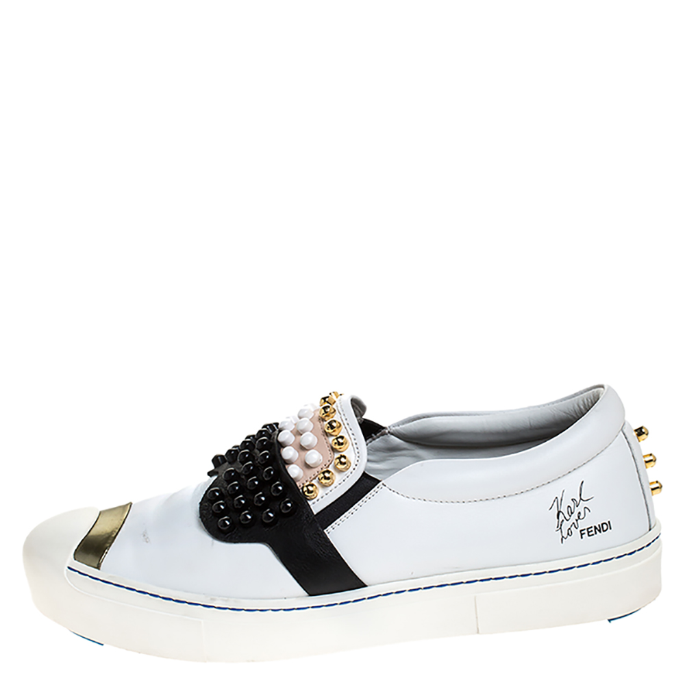 

Fendi White/Black Leather Studded Karlito Slip On Sneakers Size