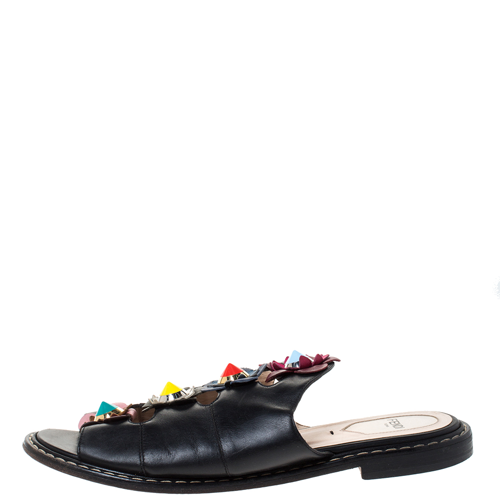 

Fendi Black Leather Flowerland Slide Sandals Size