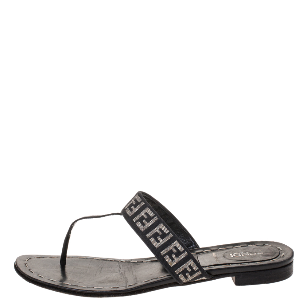 

Fendi Black FF Canvas and Leather Flat Thong Sandals Size