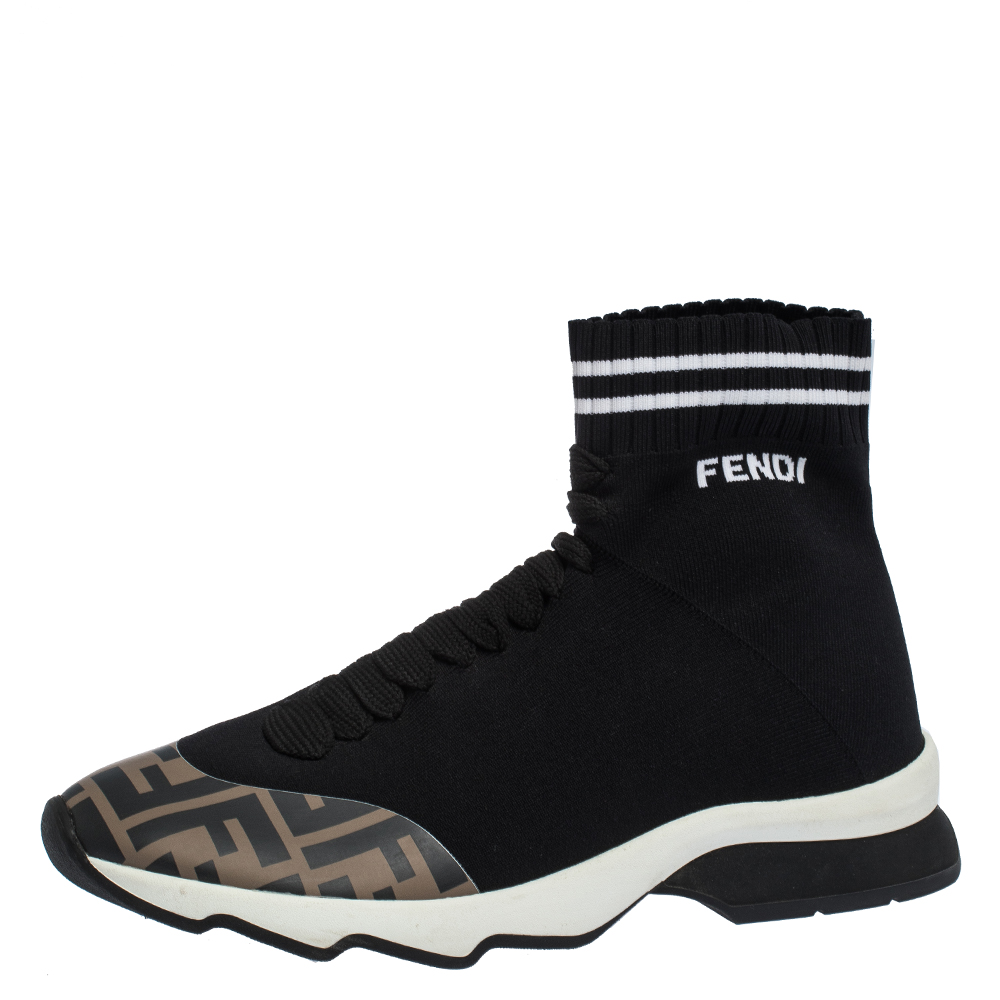 Fendi Black Zucca Fabric Kintted and Leather Sock Sneakers Size 37 ...