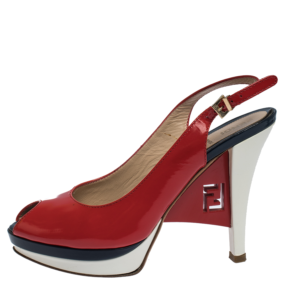 

Fendi Tricolor Patent Leather Decollete Slingback FF Wedge Sandals Size, Red