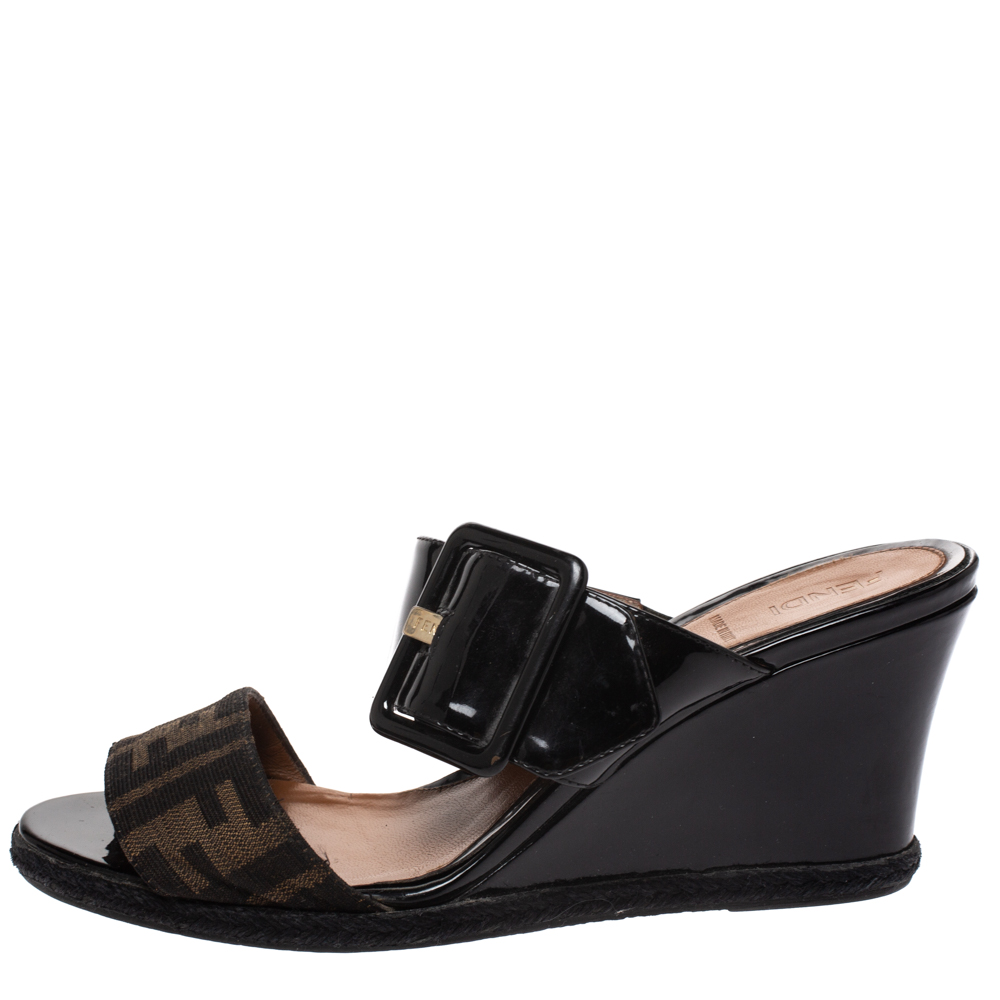 

Fendi Black Patent Leather and Zucca Canvas Demi Wedge Slides Size