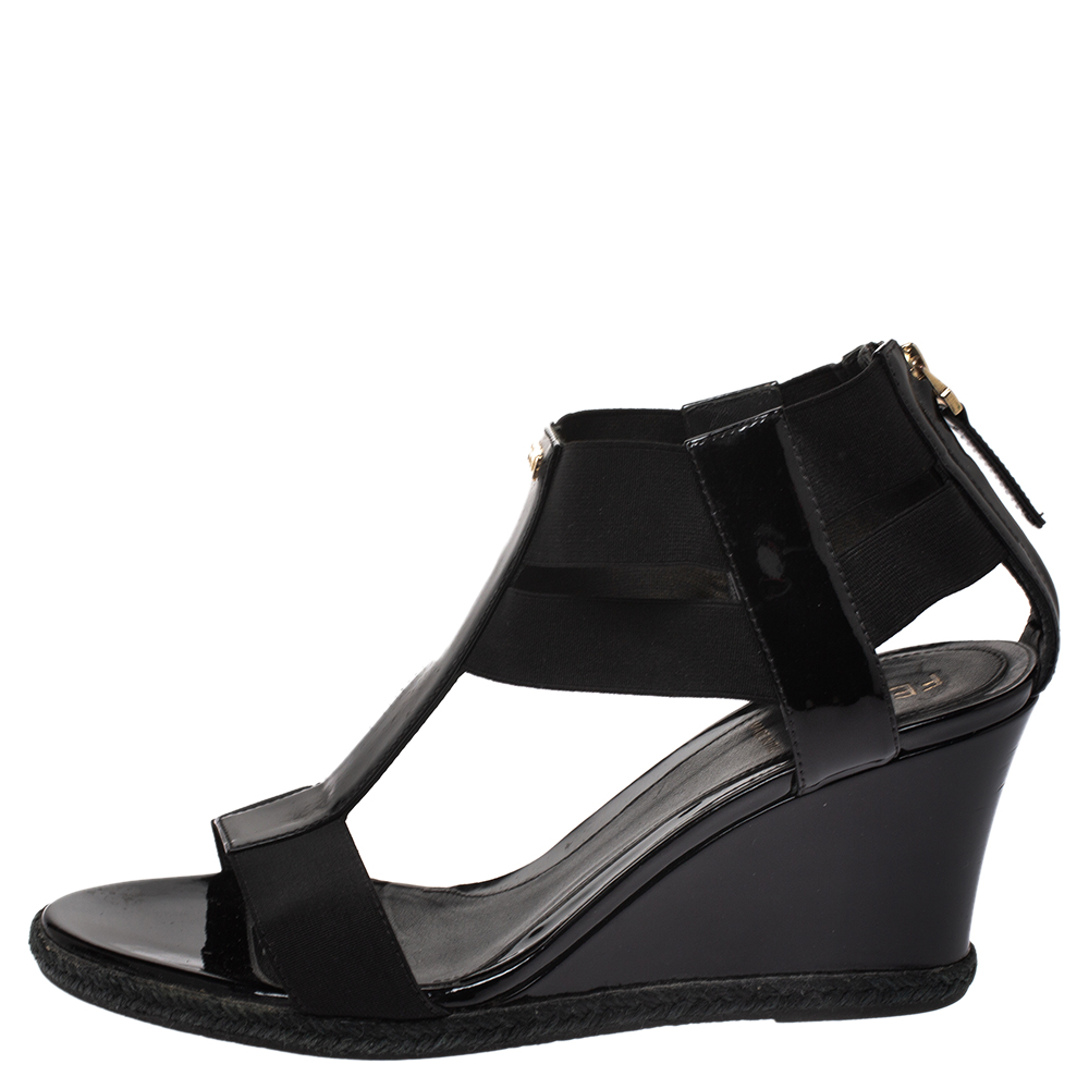 

Fendi Black Patent Leather And Elastic Fabric T-Strap Espadrille Wedge Sandals Size