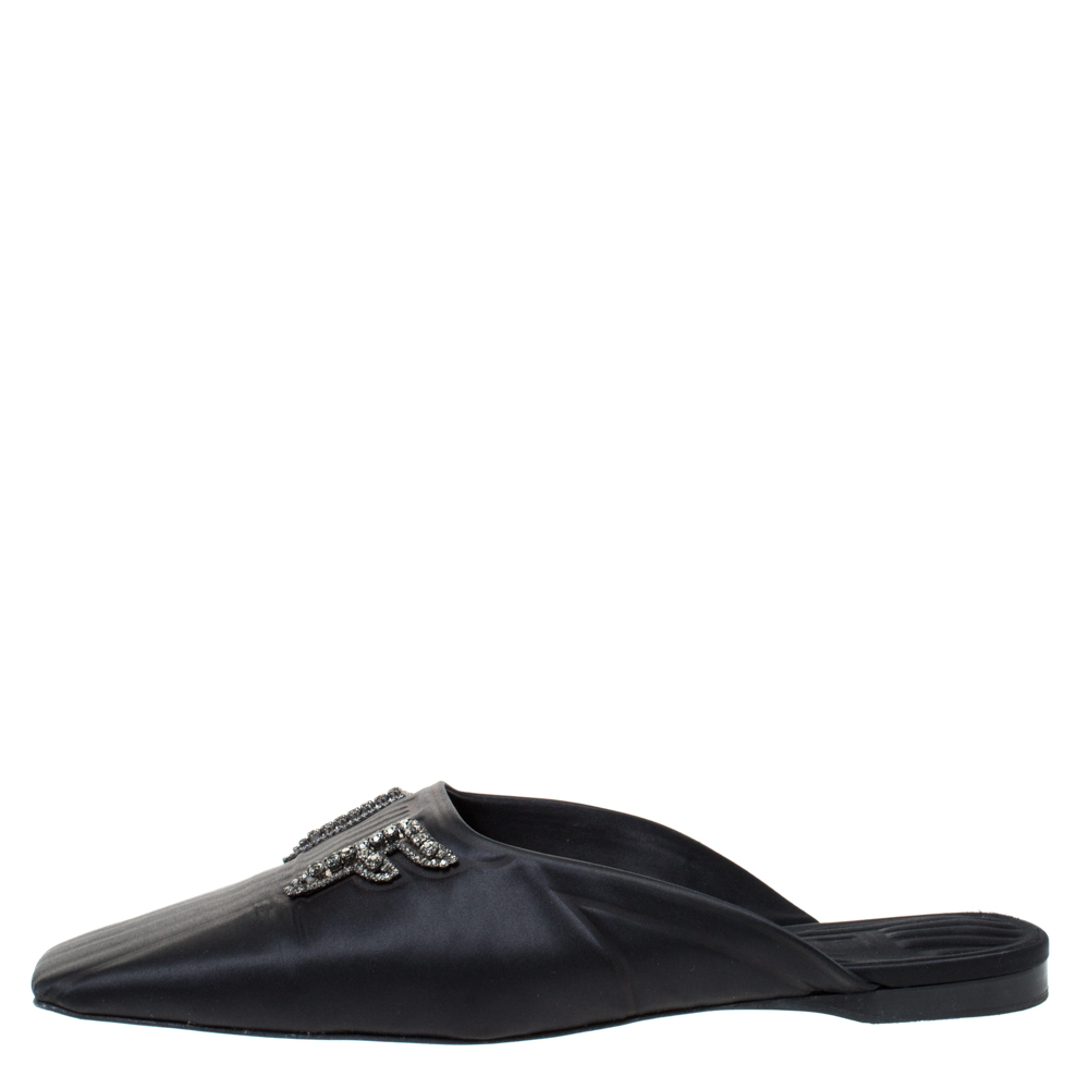 

Fendi Black Satin Crystal Embellished FFreedom Mules Size