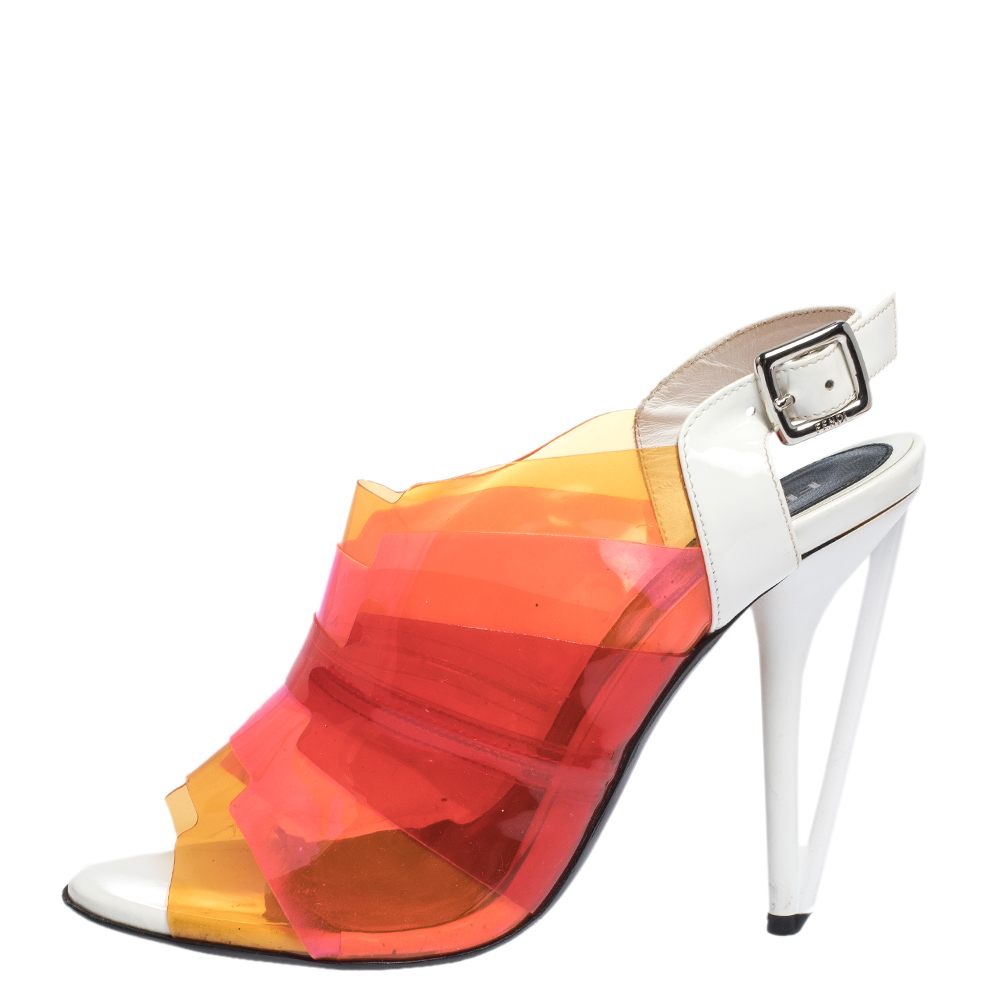 

Fendi Multicolor PVC And White Patent Slingback Sandals Size