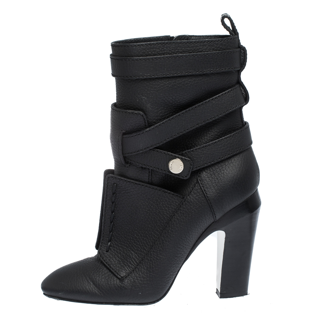 

Fendi Black Leather Lace Up Detail Cross Strap Block Heel Ankle Boots Size