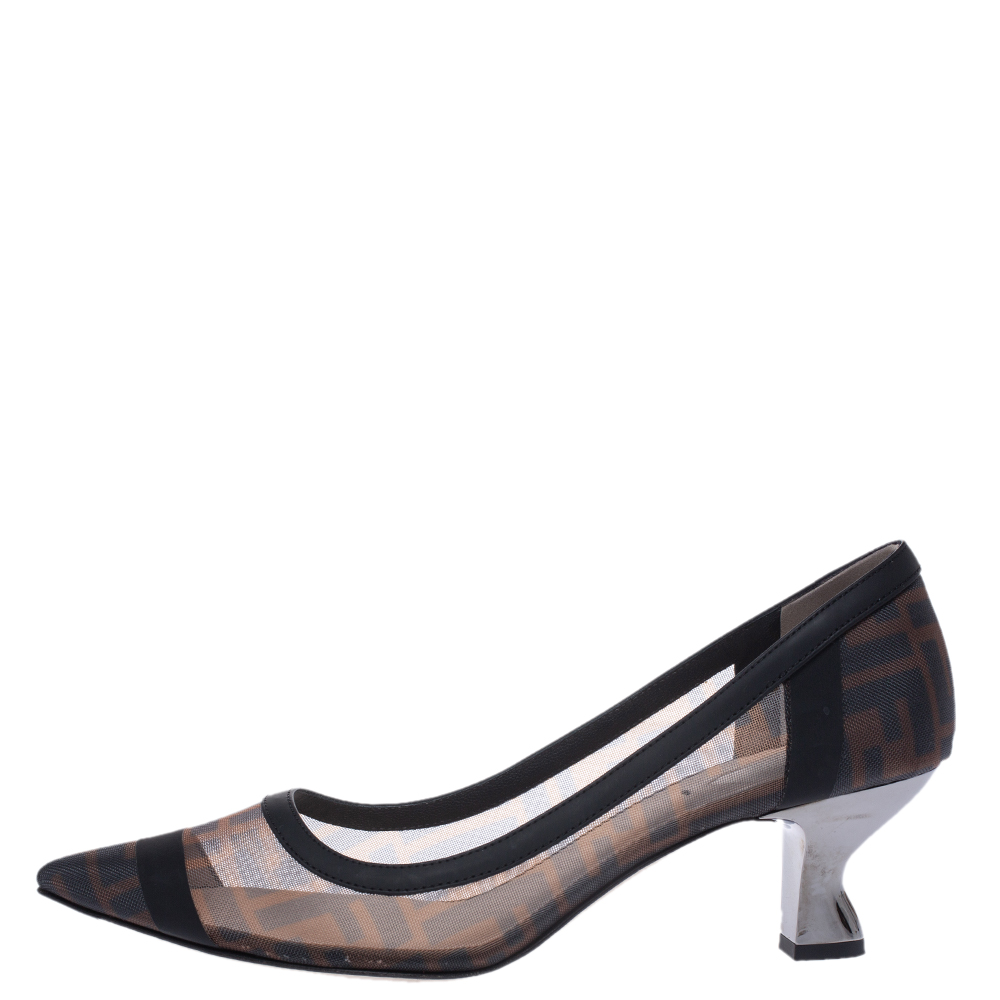 

Fendi Black FF Logo Printed Mesh And Leather Trim Colibri Pointed Toe Pumps Size