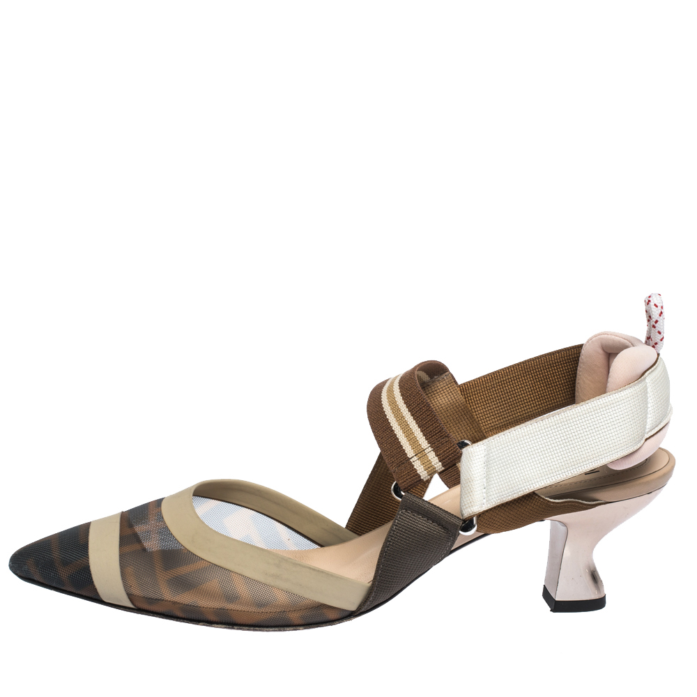 

Fendi Multicolor Mesh, Canvas And Leather Colibri Slingback Sandals Size