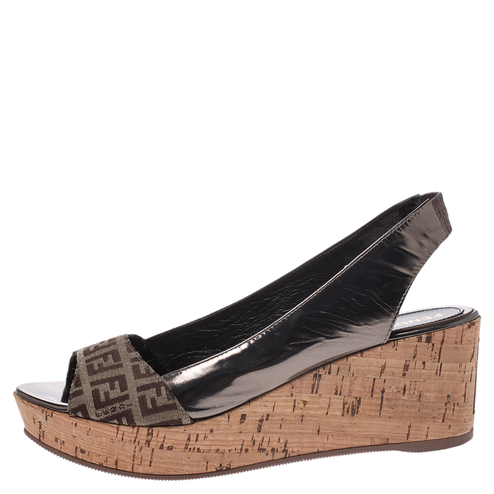 

Fendi Brown FF Canvas And Metallic Bronze Leather Cork Wedge Platform Sandals Size