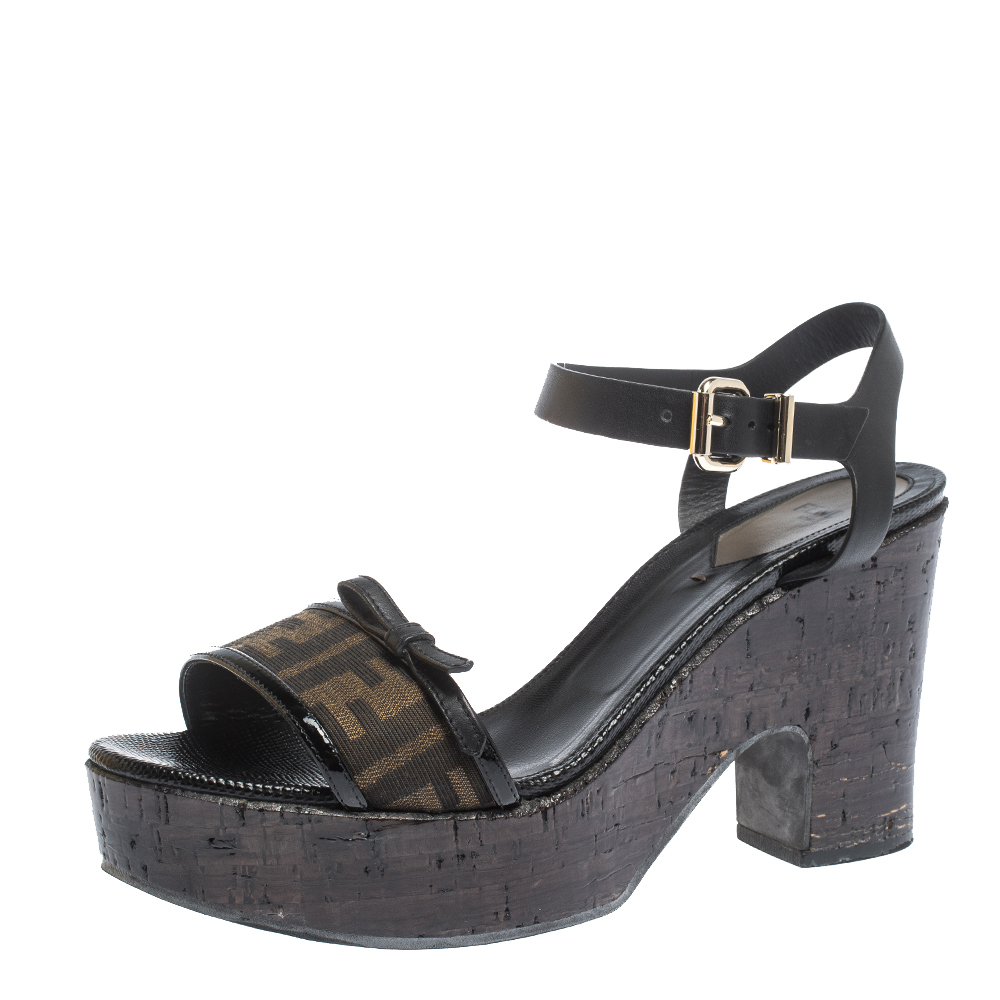 Pre Owned Fendi Tobacco Zucca Canvas And Leather Cork Platform Sandals Size 41