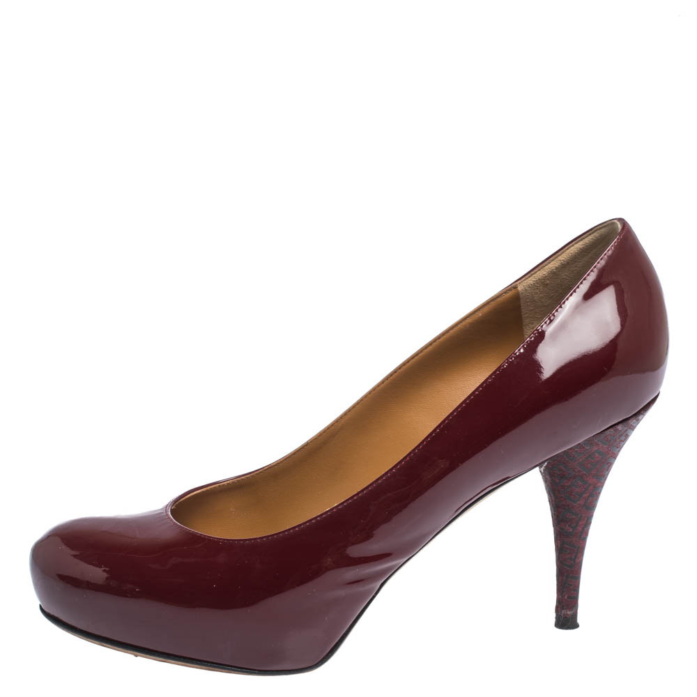 

Fendi Burgundy Patent Leather FF Heels Round Toe Platform Pumps Size